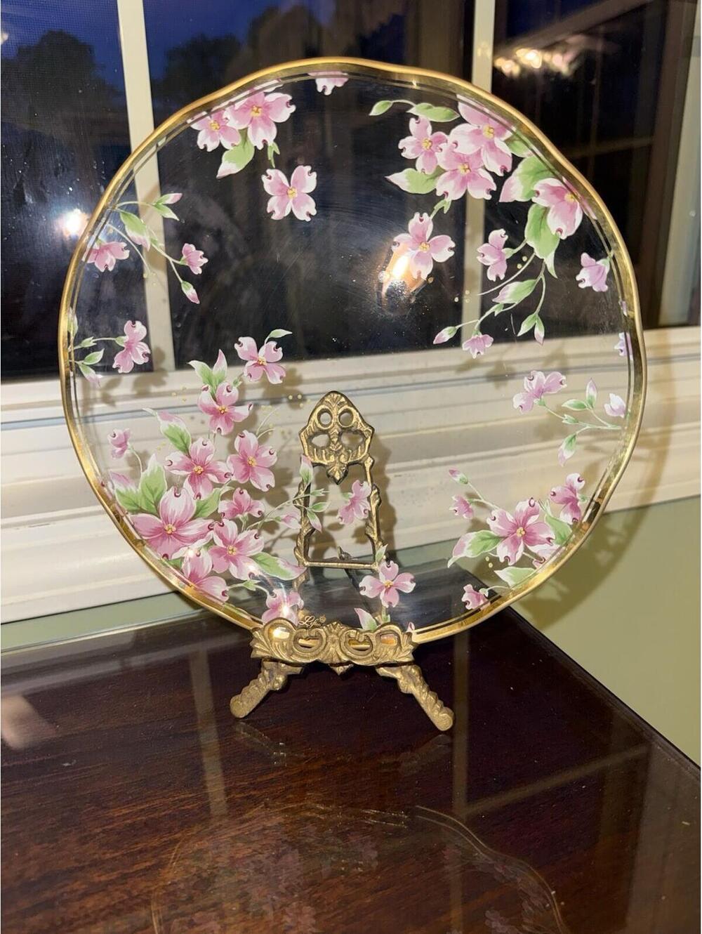 Vtg Lefton handpainted floral glass collectors plate: cottagecore, shabby chic